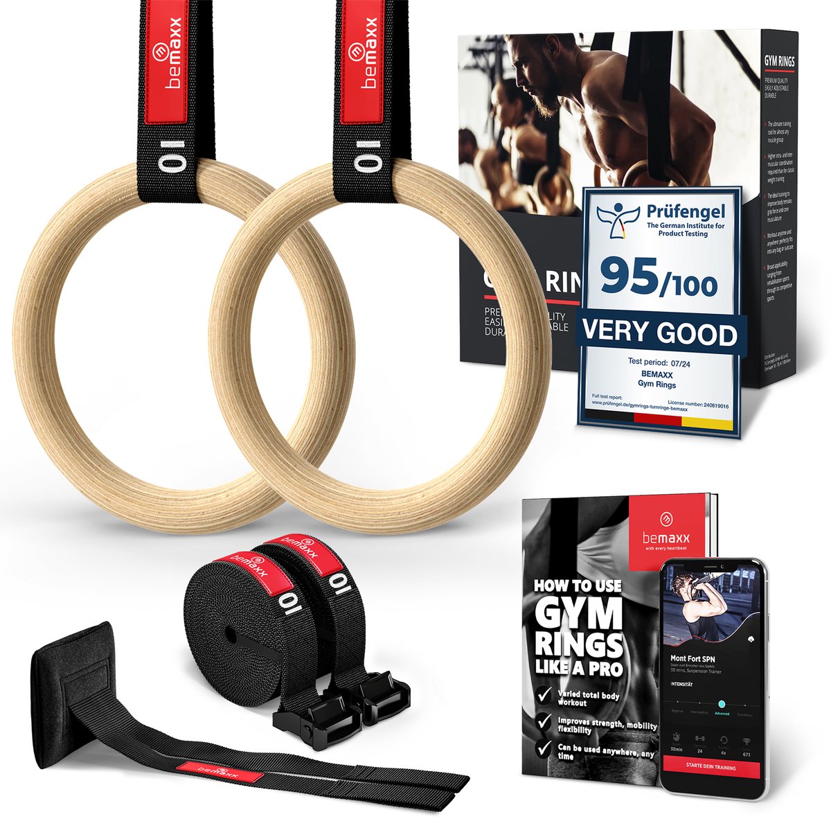 bemaxx Houten Turnringen + Deuranker & Trainings-E-Book voor Binnen en Buiten – Olympische Gymnastiek Turnringen & Riemen + Markeringen | Turnerringen Gymnastiekringen Fitness Ringen Workout Sport | Volwassenen Kinderen Mannen Vrouwen